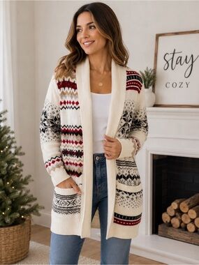 LOFT Women’s Medium Fair Isle Open Front Cardigan Ivory Red Black Longline